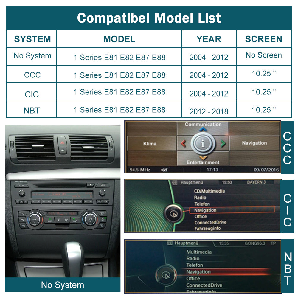 For BMW 1 Series E81 E82 E87 E88 2004-2018 No/CCC/CIC/NBT system – Road Top
